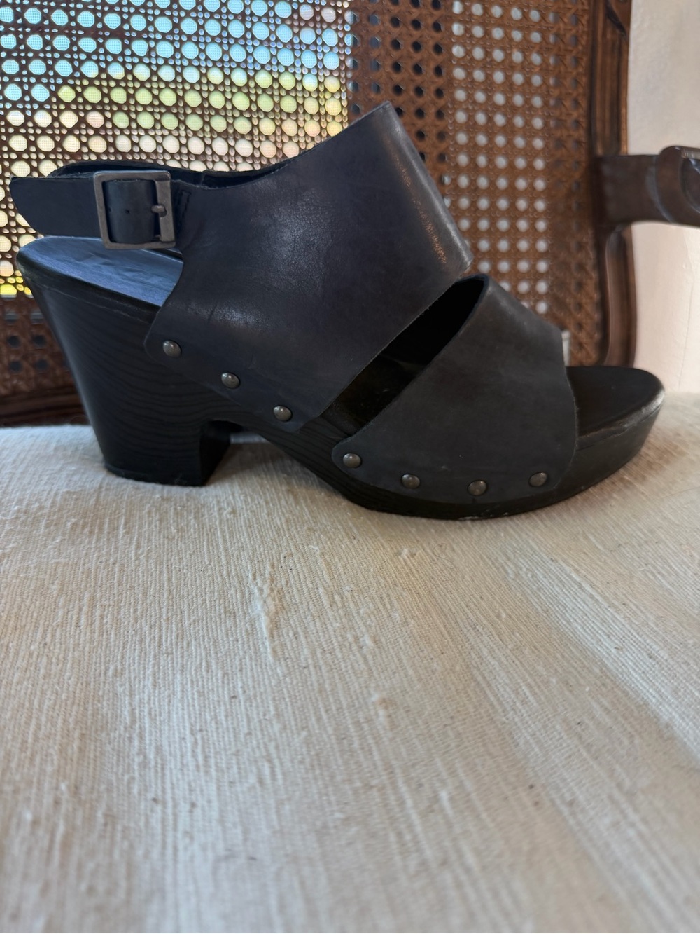 Kork-Ease Black Leather Platform Clog with Stud Accents